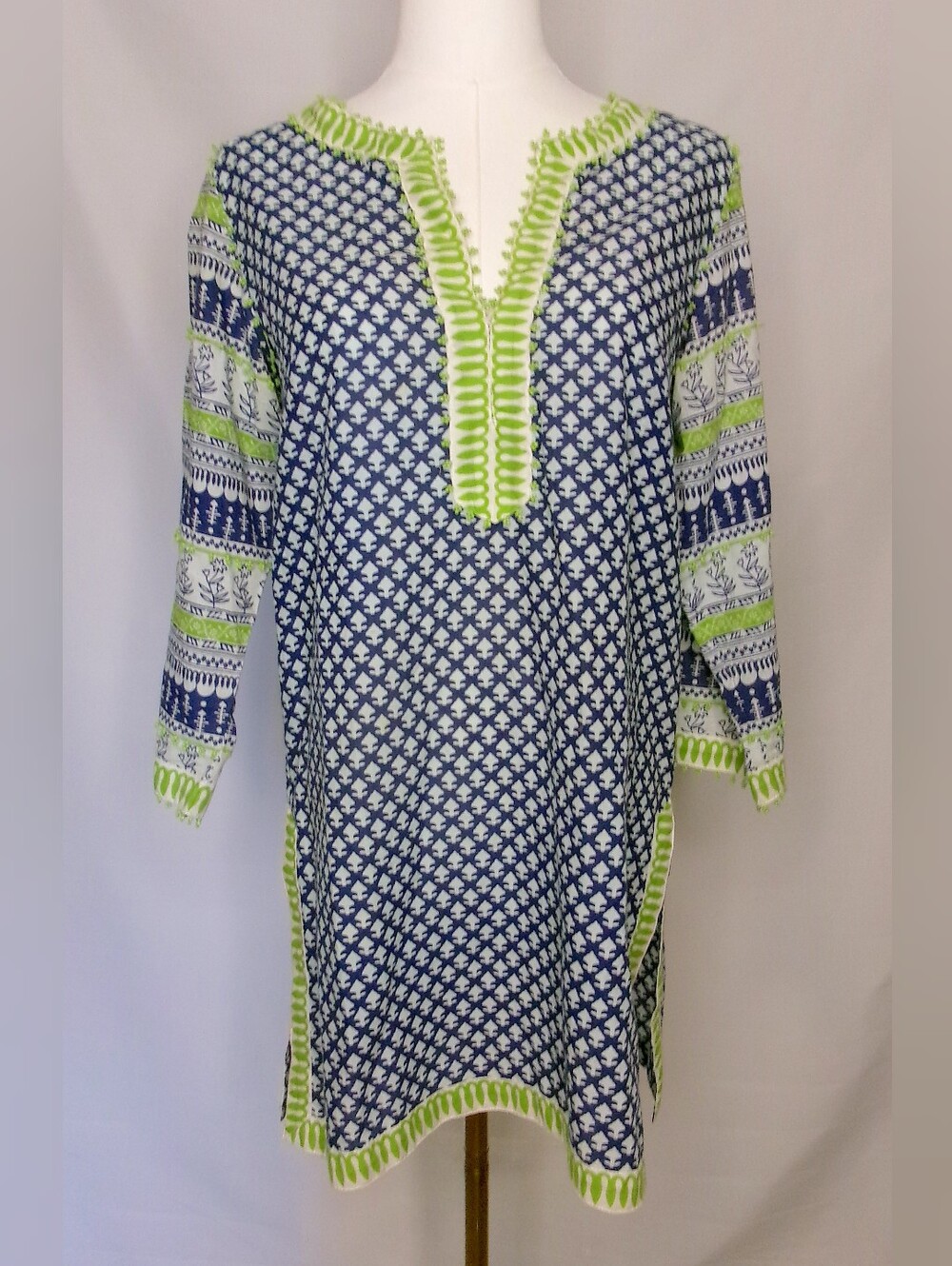 Gretchen Scott Navy Green Cotton Block Print Tunic Dress S